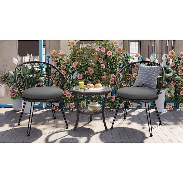 TIRAMISUBEST U_STYLE Outdoor Leisure Set, 2 Rattan Single Chairs with Cushionsd and A Glass Round Table