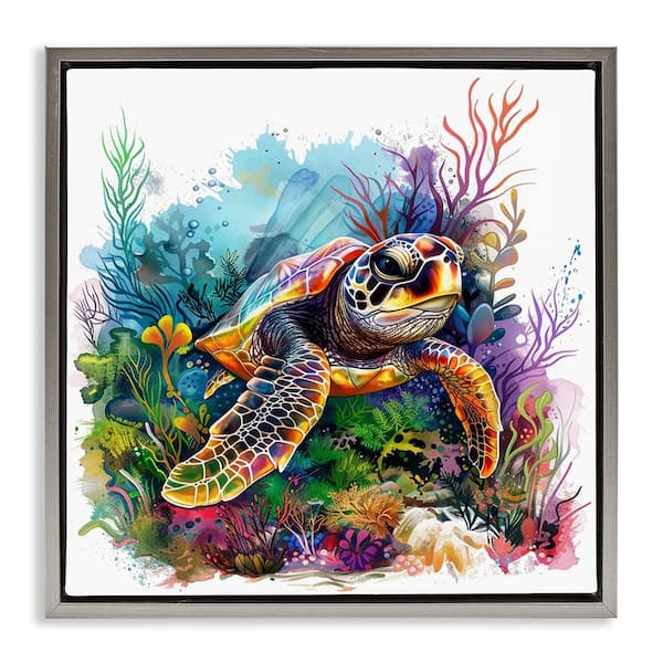 Stupell Industries Coral & Sea Life Turtle by LSR Design Studio Gray Floater Frame Animal Graphic Art Print 25 in. x 25 in.