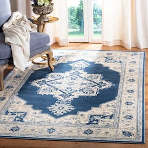Brentwood Navy/Cream 3 ft. x 3 ft. Square Medallion Border Floral Area Rug