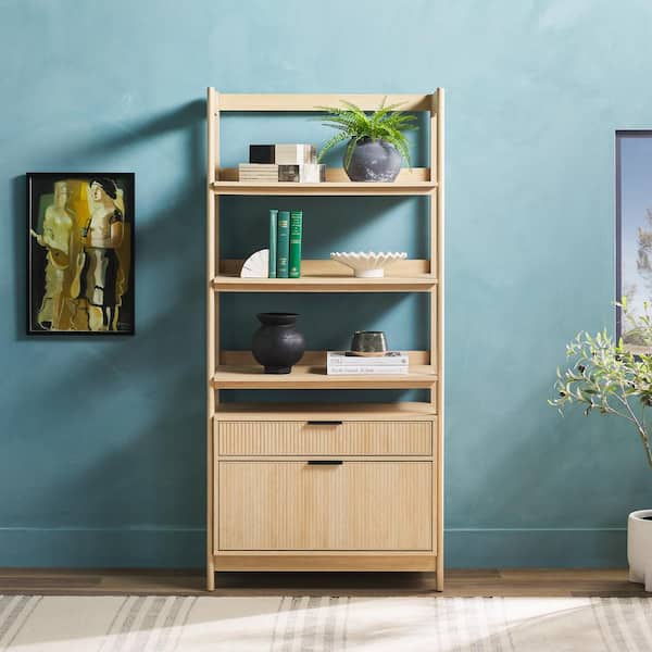 Walker Edison Furniture Company Modern 70 in. Tall Coastal Oak Wood 4-Shelf Bookcase with Reeded Drawer Fronts and Open Back