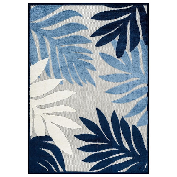 Palm Design Indoor/Outdoor High-Low Textured Area Rug, Palm, Easy-Clean Patio Rug 8' x 10' Navy