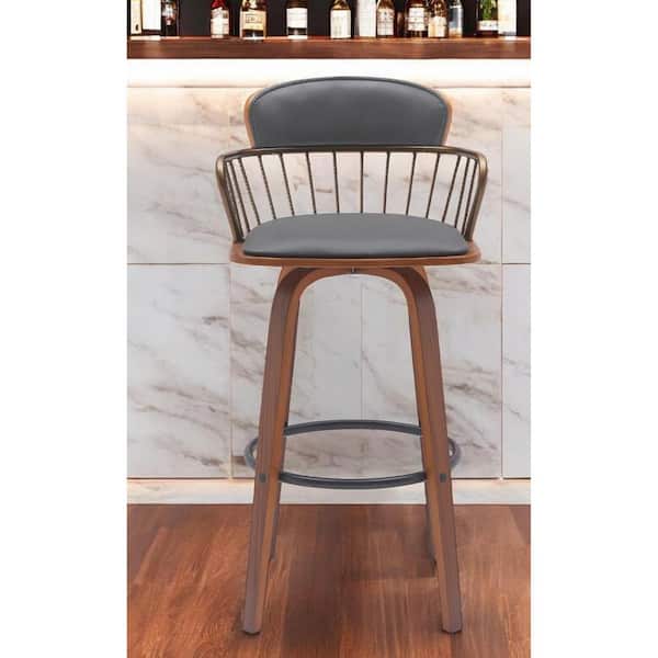 HomeRoots 30 in. Gray Low Back Wood Bar Stool Faux Leather Seat
