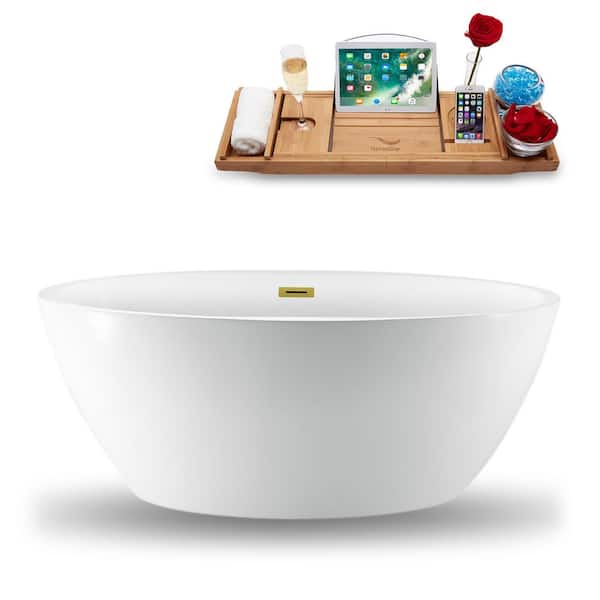 Streamline 59 in. Acrylic Flatbottom Non-Whirlpool Bathtub in Glossy White with Polished Gold Drain and Overflow Cover