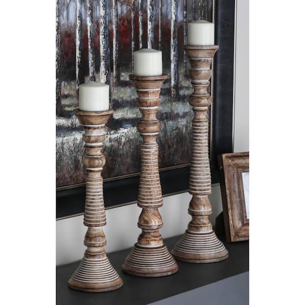 Litton Lane Light Gray Mango Wood Handmade Candle Holder (Set of 3)