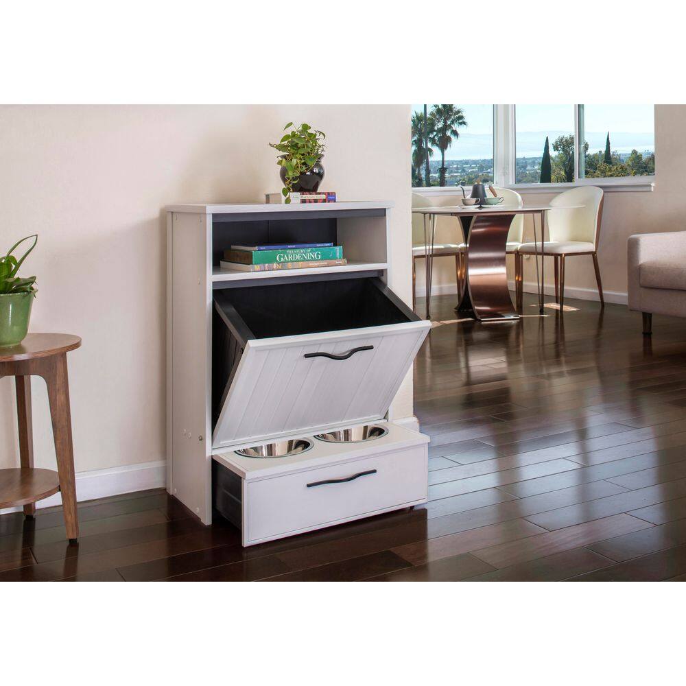 Off-White ECOFLEX Dog Food Pantry with Stainless Steel Bowls
