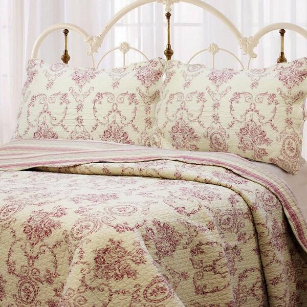 Cozy Line Home Fashions Country Vintage Fl Rose Medallion Toile Stripe 3 Piece Cream Burdy Red Tan Cotton Queen Quilt Bedding Set Bb01005065rq The Depot Cozy Line Home Fashions Country Vintage, Red Toile Queen Bedding