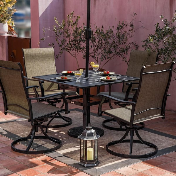 Unbranded 5-Piece Metal Outdoor Patio Dining Set with Square Table and Swivel Textilene Chairs in Brown