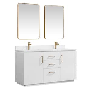 San 60 in. W x 22 in. D x 33.8 in. H Double Bath Vanity in White with White Grain Composite Stone Top and Mirror