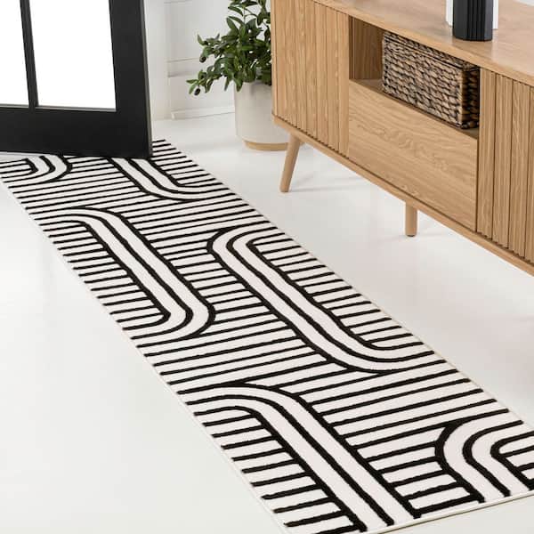 Anders MidCentury Modern Arch Stripe Two-Tone High-Low Black/White 2 ft. x 8 ft. Runner Rug