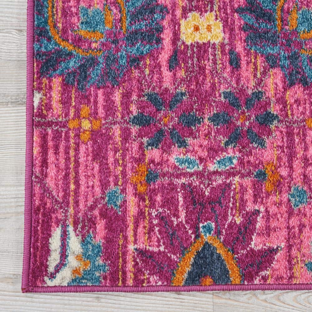 Fuchsia Floral Synthetic Runner Rug with Latex Backing