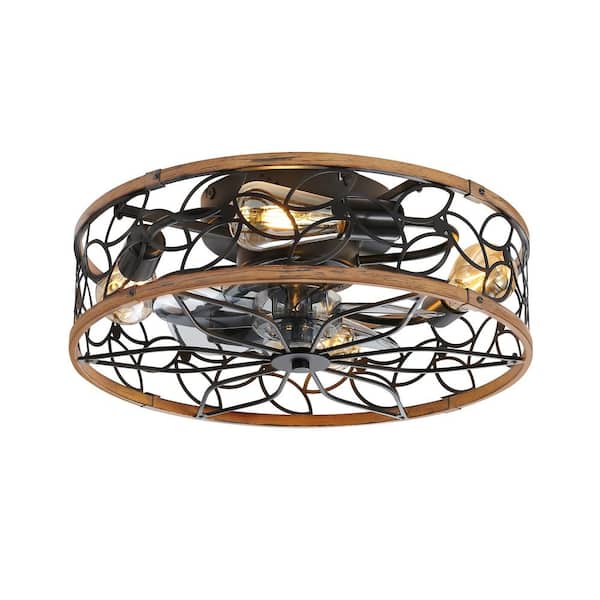 HINNIXY 18 in. Samll Black&Walnut Caged Flush Mount Low Profile Ceiling Fans with Lights and Remote Control for Bedroom