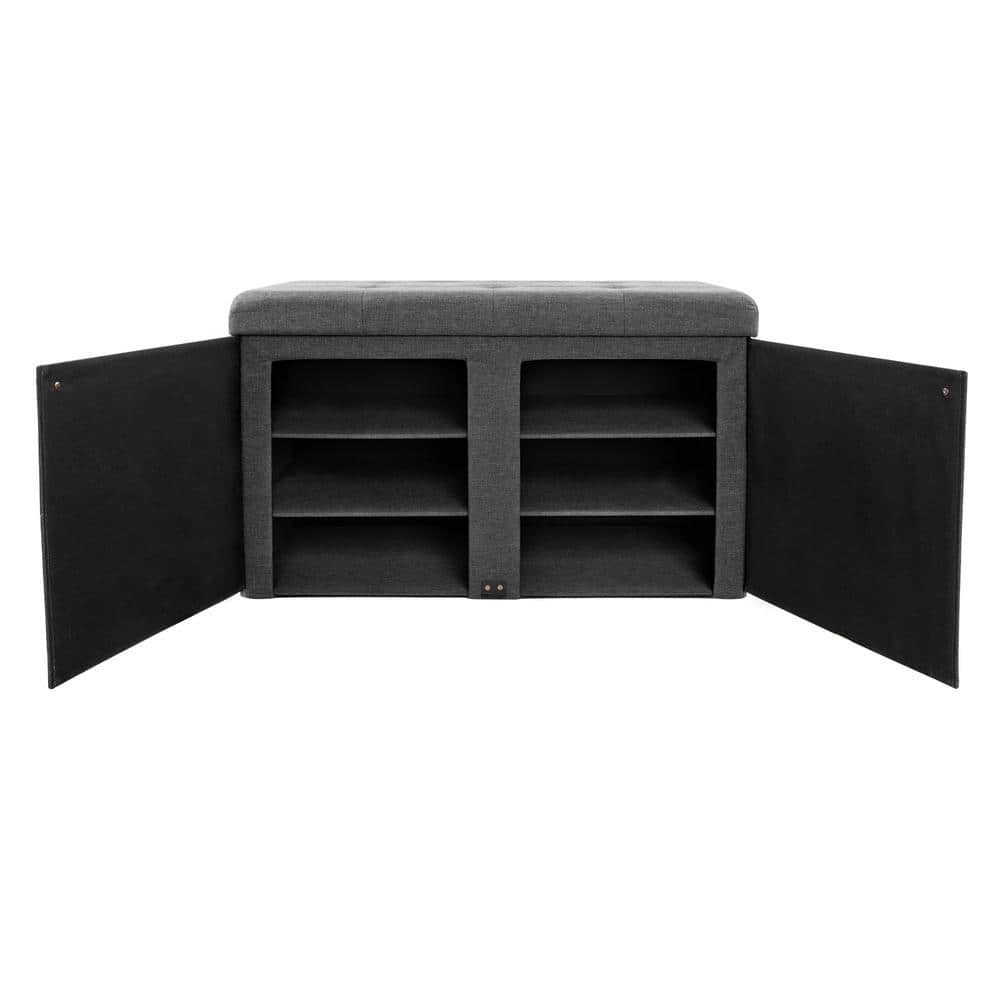 Modern Gray Tufted Ottoman Storage Bench with Adjustable Shoe Shelves