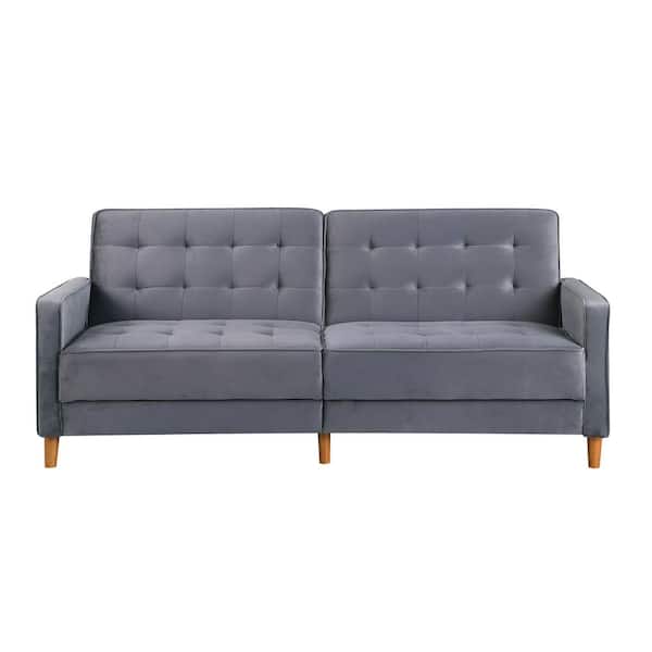 ATHMILE 78 in. Gray Velvet Upholstered Twin Size Square Arms Sofa Bed with Tufted Back