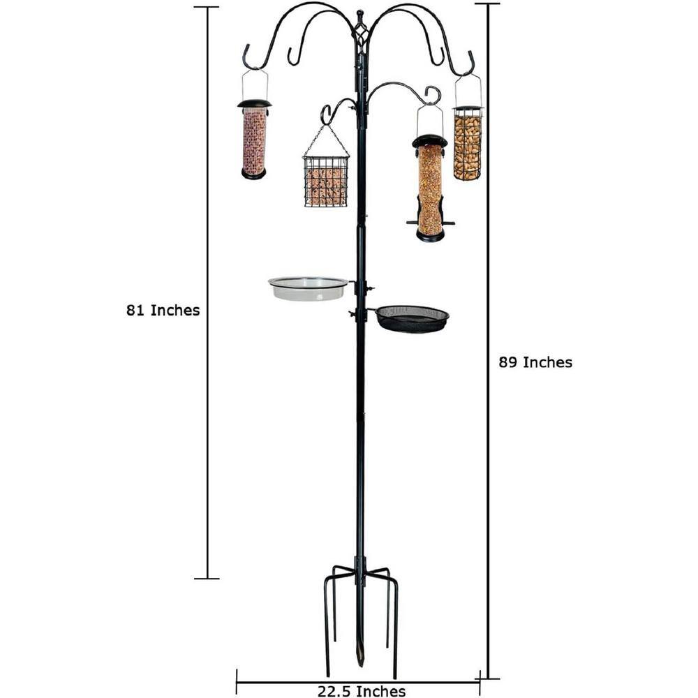 Black Metal Bird Feeding Station with 4 Feeders and Birdbath