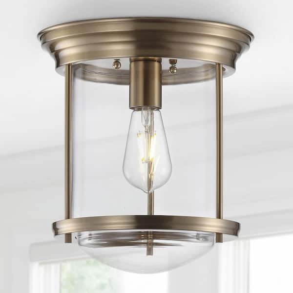 JONATHAN Y Savannah 10.25 in. Aged Brass Metal/Glass LED Flush Mount