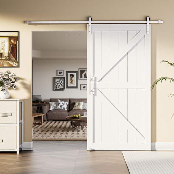 ARK DESIGN 42 in. x 84 in. Paneled White Primed MDF British K-Shape MDF Sliding Barn Door with Hardware Kit Nickel-Plated