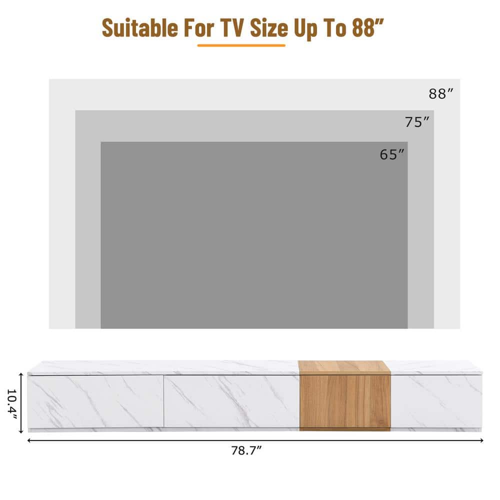 White Faux Marble and Walnut Grain TV Stand with 4 Storage Drawers