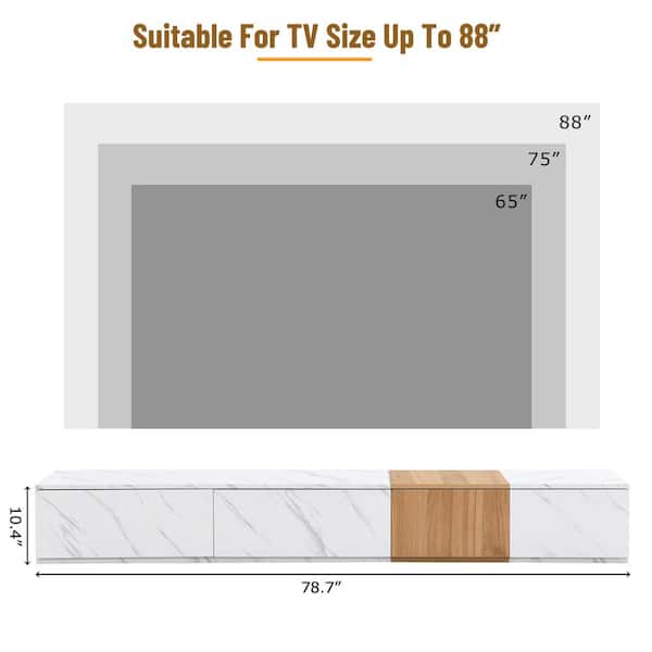 Modern White TV Stand Fits TV's Up to 88 in. with Faux Marble and Walnut Wood Grain Finish, 4 Storage Drawers