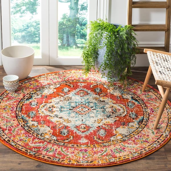 Monaco 5 ft. x 5 ft. Orange/Light Blue Round Border Area Rug
