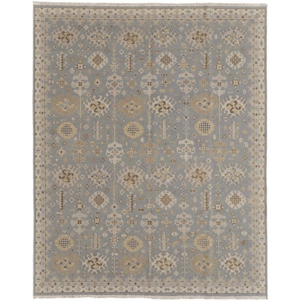 8 ft. x 12 ft. Gray and Ivory Wool Oriental Hand Knotted With Fringe Area Rug