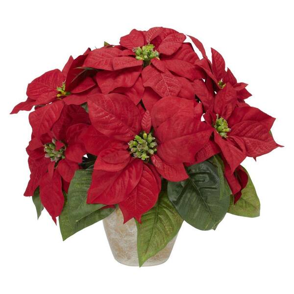 Nearly Natural 13in. H Red Poinsettia with Ceramic Vase Silk Flower Arrangement