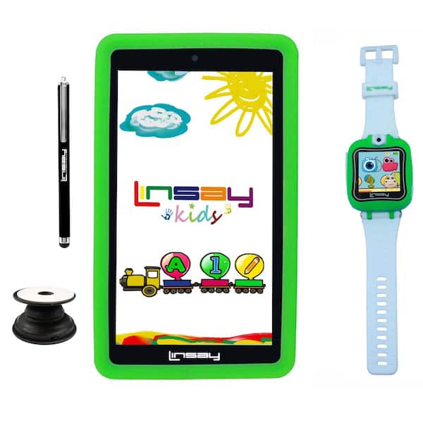 LINSAY 7 in. 2GB RAM 32GB Storage Android 10 Tablet with Green Kids Defender Case, Holder, Pen and Green Kids Smart Watch