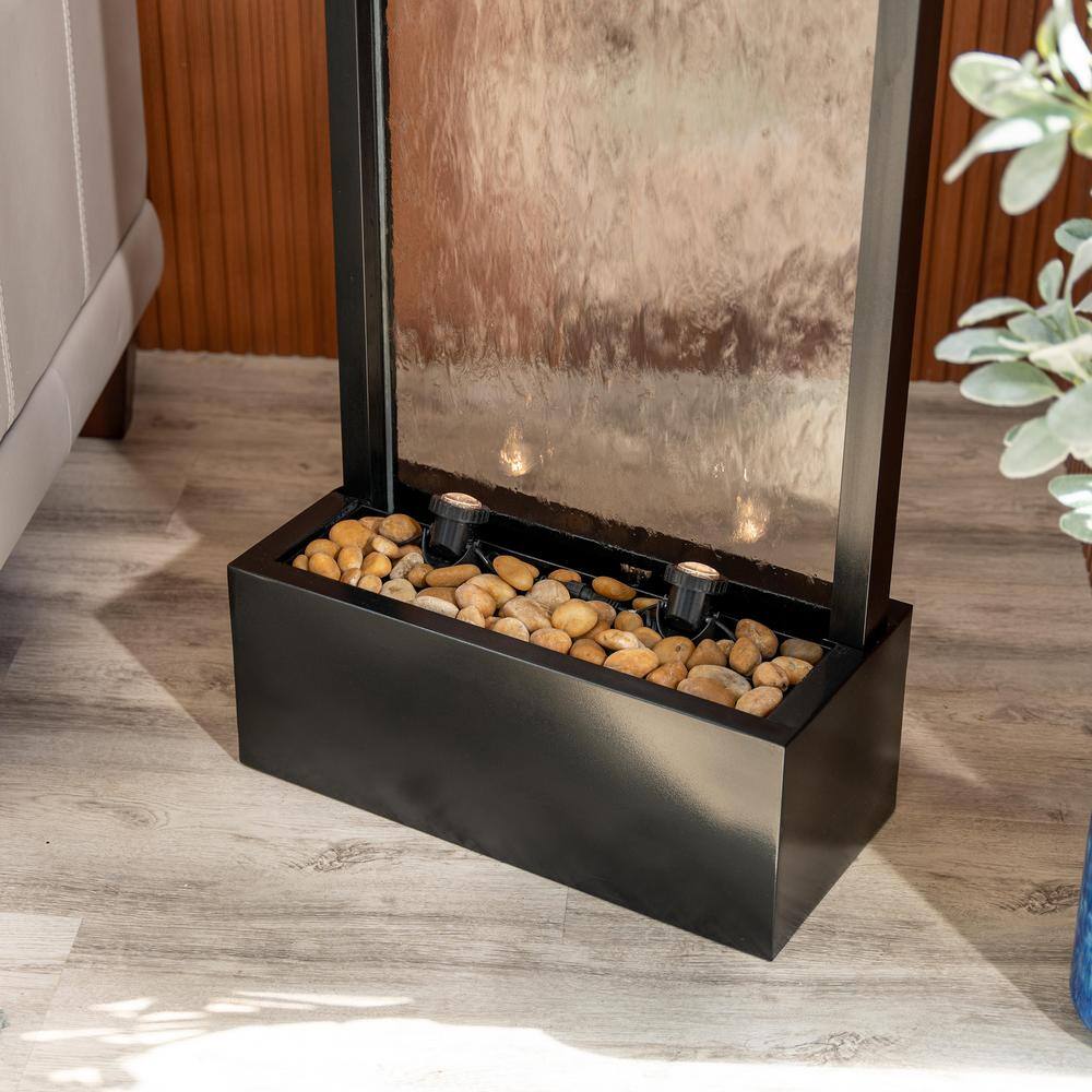 68" Black Aluminum and Clear Glass Freestanding Waterfall Fountain with LED Lights