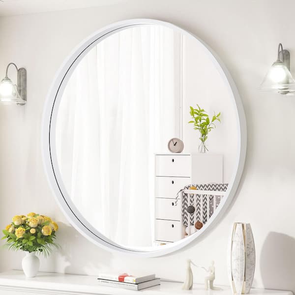 White 31 in. W x 31 in. H Farmhouse Round Wood Framed Wall Mirror