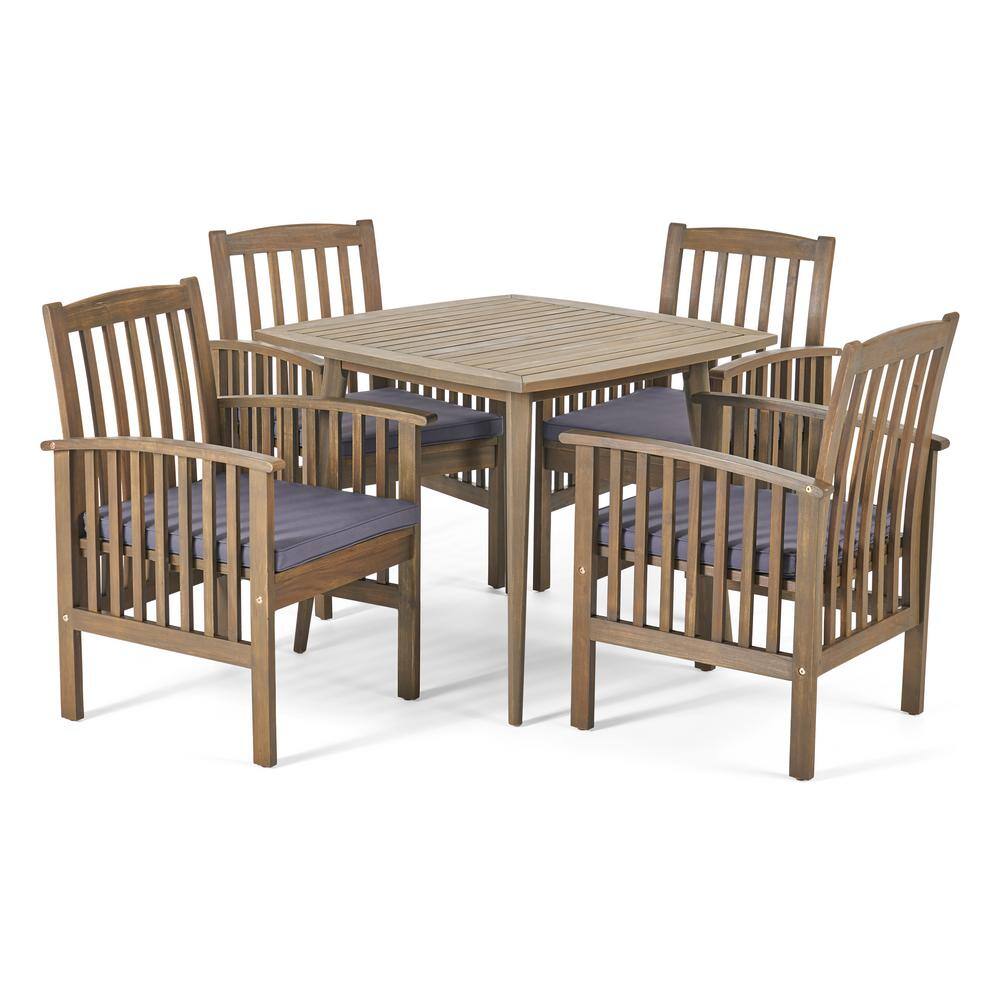 Gray Acacia Wood 5-Piece Patio Dining Set with Cushions