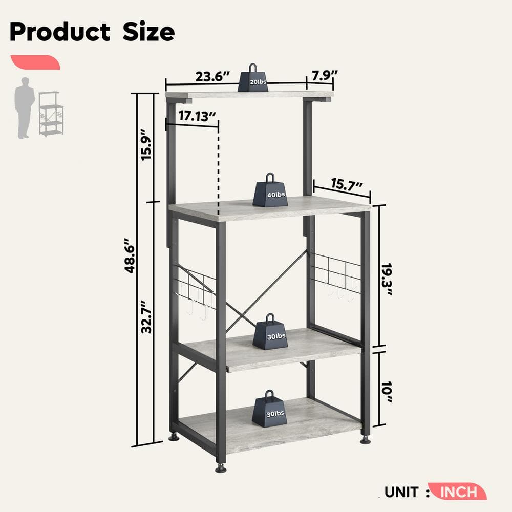 Vintage Light Grey 4-Tier Kitchen Bakers Rack with Wheels