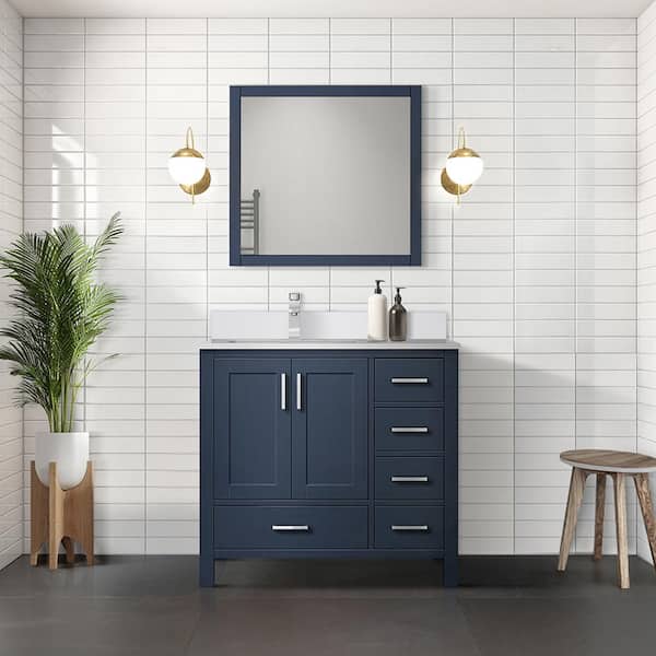 Lexora Jacques 36 in. W x 22 in. D Left Offset Navy Blue Bath Vanity, Cultured Marble Top, Faucet Set, and 34 in. Mirror