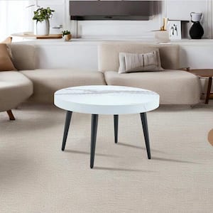 23.6 in. White/Black Round MDF Coffee Table with Marble Pattern Top