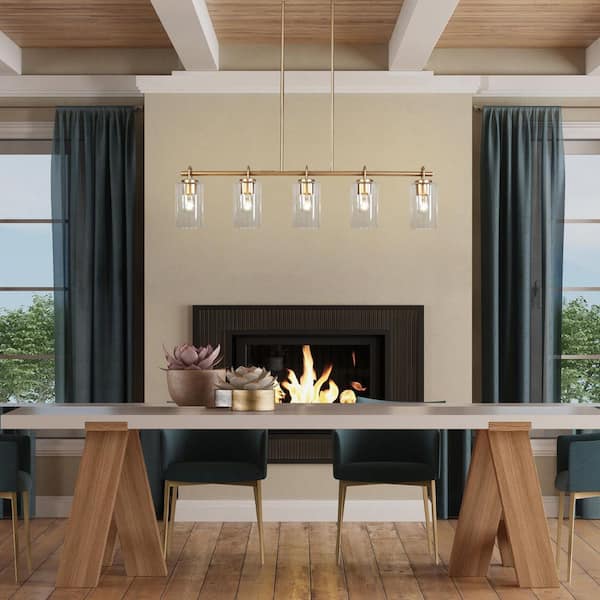 5-Light Dark Gold Linear Chandelier for Kitchen Island with Clear Glass Shades