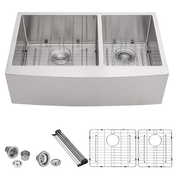LORDEAR 33 in. Farmhouse Double Bowl Stainless Steel 16-Gauge Apron-Front Kitchen Sink with Bottom Grids