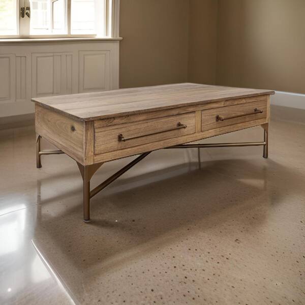 Benjara Bera 30.5 in. Brown and Bronze Rectangle Wood Coffee Table with Cross Metal Base and 2 Drawers