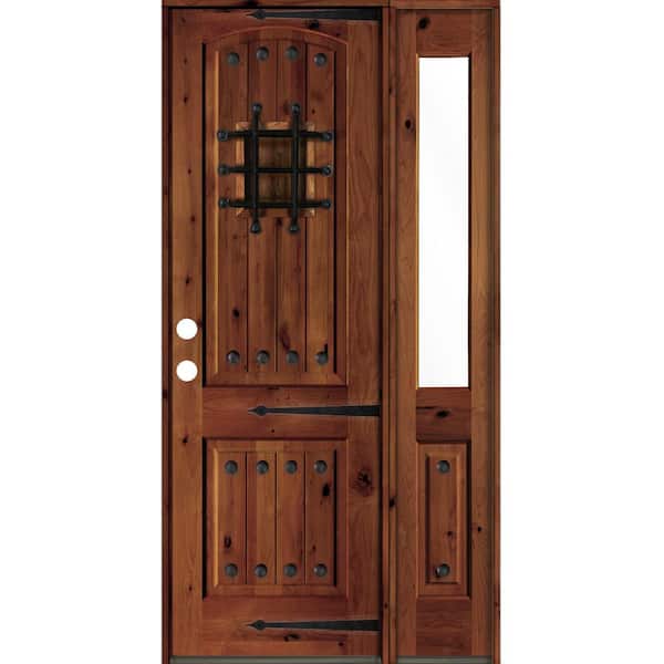 Krosswood Doors 44 in. x 96 in. Medit. Knotty Alder Right-Hand/Inswing Clear Glass Red Chestnut Stain Wood Prehung Front Door w/RHSL