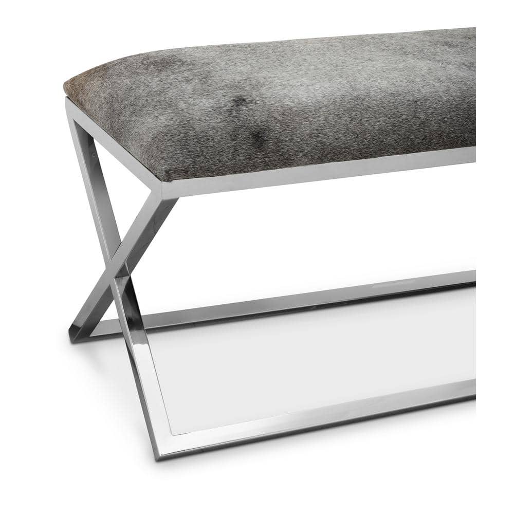 Grey Upholstered Bench with Stainless Steel Frame and Storage