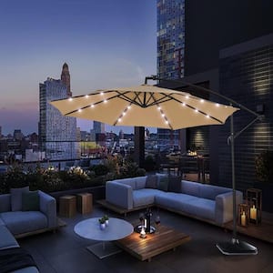 10 ft. Cantilever Solar LED Outdoor Patio Umbrella Hanging Umbrella with Adustmentable 24 LED Lights in Taupe