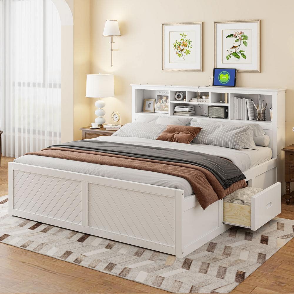 Nestfair White Wood Frame King Size Platform Bed with Storage Headboard, USB and 2 Drawers, image size:1000x1000