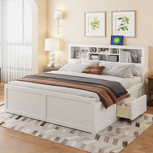 White Wood Frame King Size Platform Bed with Storage Headboard, USB and 2 Drawers