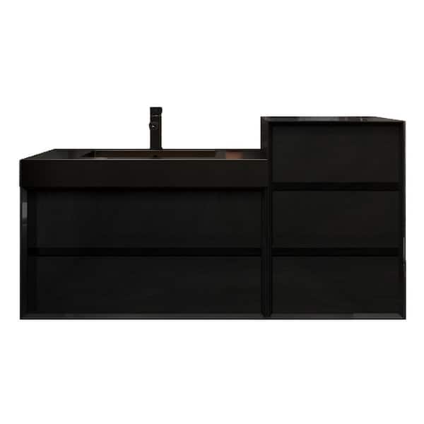 MIA 55 in. W. x 20 in. D x 30 in. H Single Sink and Side Cabinet Bath Vanity Gloss Black with Black Stainless-Steel Top