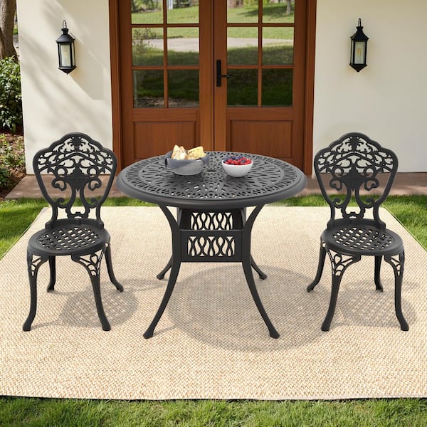 Orchid Black 3-Piece of Cast Aluminum Outdoor Patio Dining Set with 35.43 in. Round Table and Armless Chairs