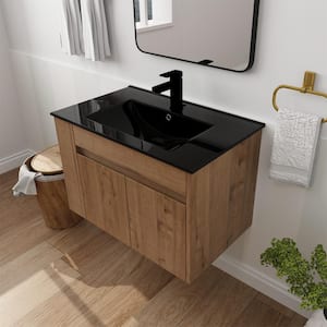 PLAIN 30 in. W x 18.3 in. D x 19.68 in. H Single Sink Wall Bath Vanity in Light Oak with Black Ceramic Sink Top