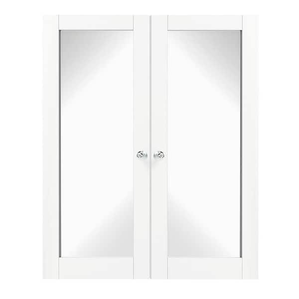TENONER 64 in. x 80 in. Composite, MDF Full Lite, Mirrored Glass, Primed, White Interior Door Slab with Silver Sphere Doorknob