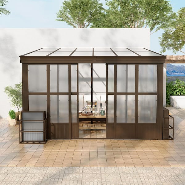 10 ft. x 12 ft. Lean-to Sunroom Wall Mounted Solarium with Sloping Polycarbonate Roof and 2 Lockable Sliding Door