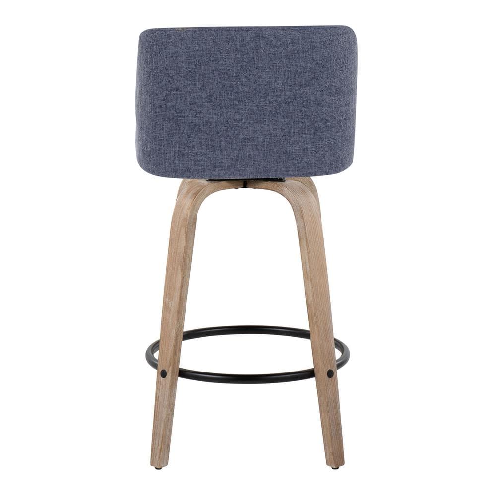 Blue Upholstered Swivel Counter Stool with Wood Legs