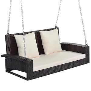 2-Person Brown Wicker Porch Swing Patio Hanging Seat Swing Bench with Chains and Beige Cushions