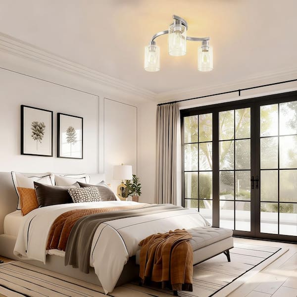 12 in. 3-Light Brushed Nickel Semi Flush Mount Ceiling Light, Modern Clear Glass Fixture for Bedroom, Hallway & Entryway