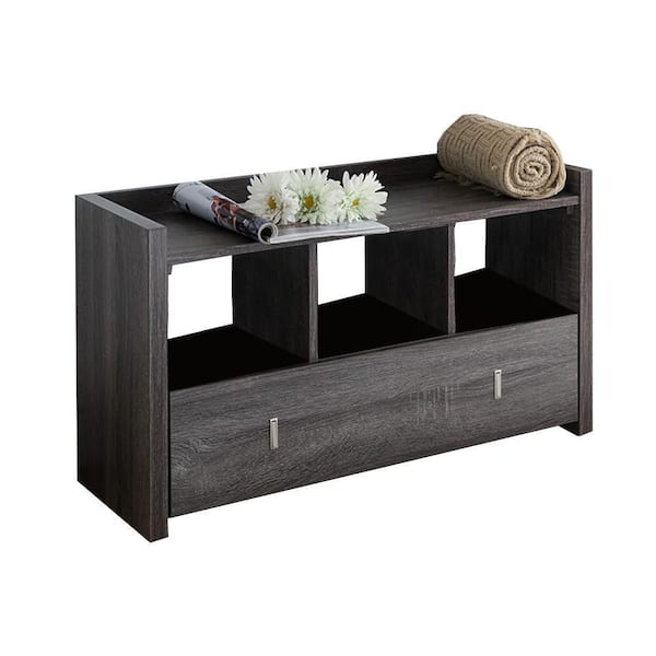 Benjara 18.75 in. H x 11.25 in. W Distressed Gray Wooden Shoe Storage Bench With 3-Shelves and Raised Top