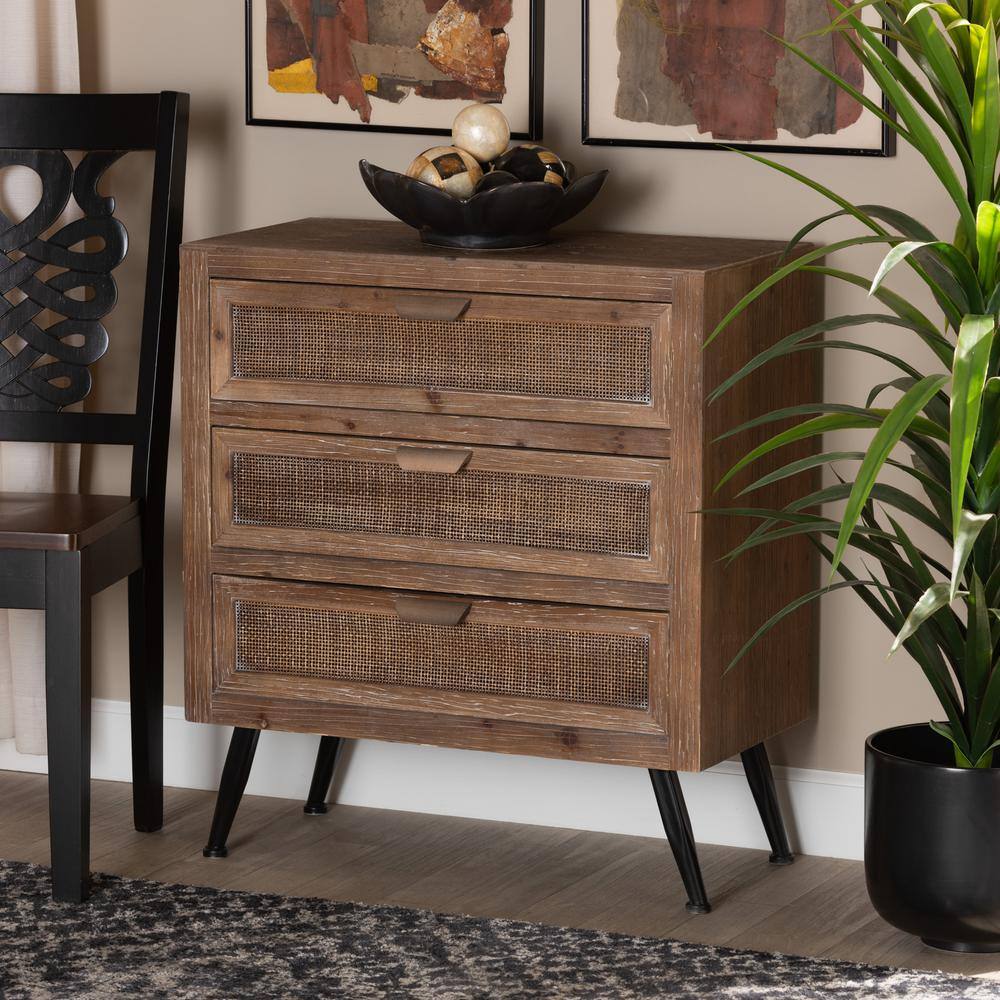 Mid-Century Natural Brown Wood and Rattan 3-Drawer Cabinet